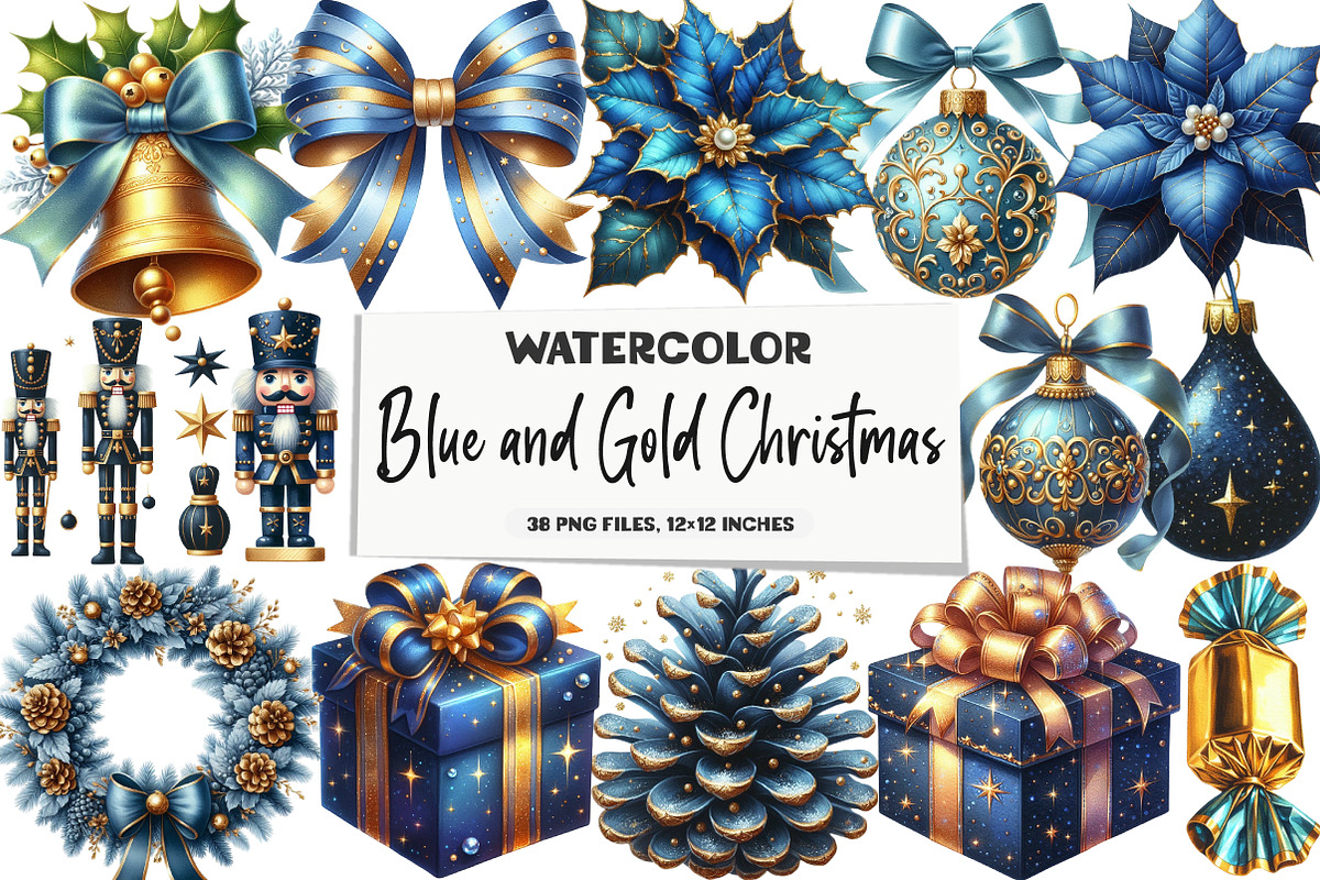 Blue and Gold Christmas Clipart, an Illustration by DreamArtGraphic (Photo 1 of 5)