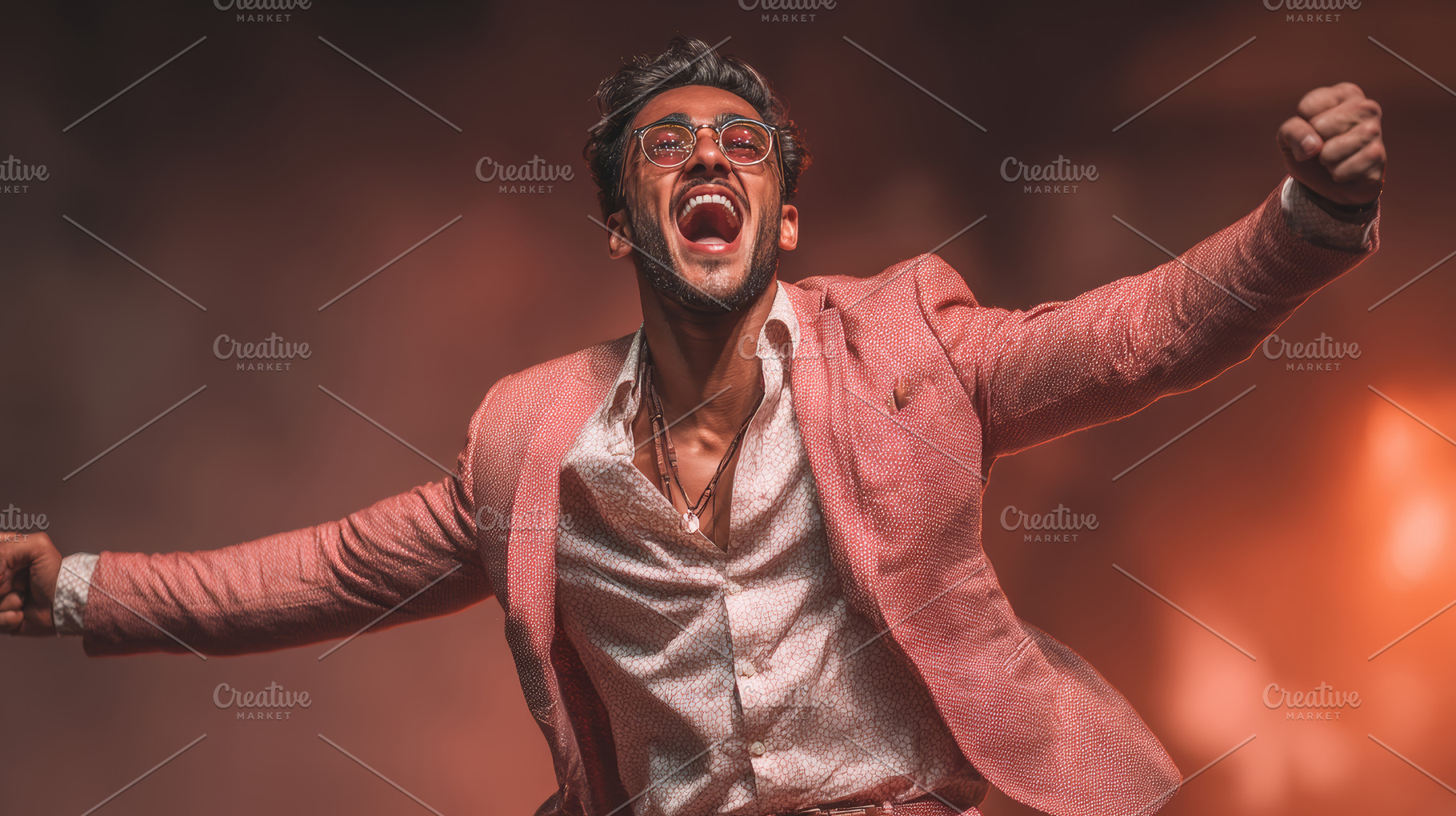 Ecstatic young man celebrating wearing stylish outfit in vibrant lighting setti, a Person Photo by AS photostudio