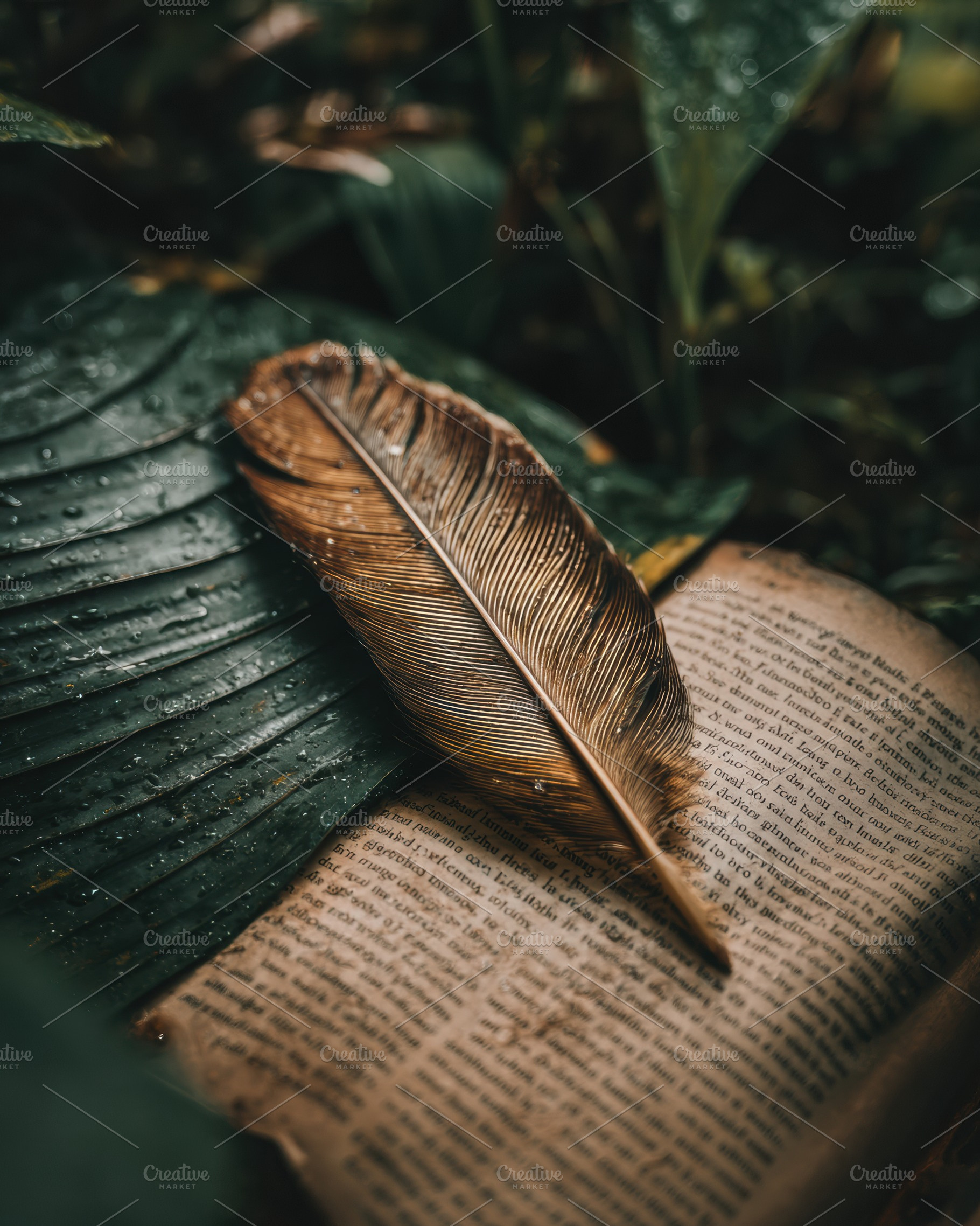 Feather on Wet Leaf, a Nature Photo by Virgo Studio