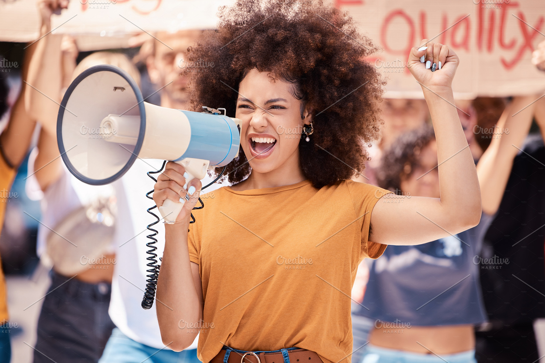 Megaphone, equality or women rights protest for global change, gender equality or angry black woman fight for support. Crowd poster banner, city speech or human rights rally by social justice warrior, a Photo by Peopleimages.com
