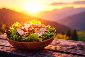 Fresh Caesar salad with romaine, croutons, and Parmesan, drizzled with creamy d