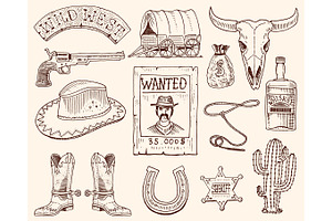 Wild West, Rodeo Show, Cowboy Or Indians With Lasso. Hat And Gun, Cactus With Sheriff Star And Bison, Boot With Horseshoe And Wanted Poster. Engraved 