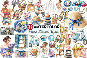 French Riviera Watercolor Clipart, an Illustration by Rose Art