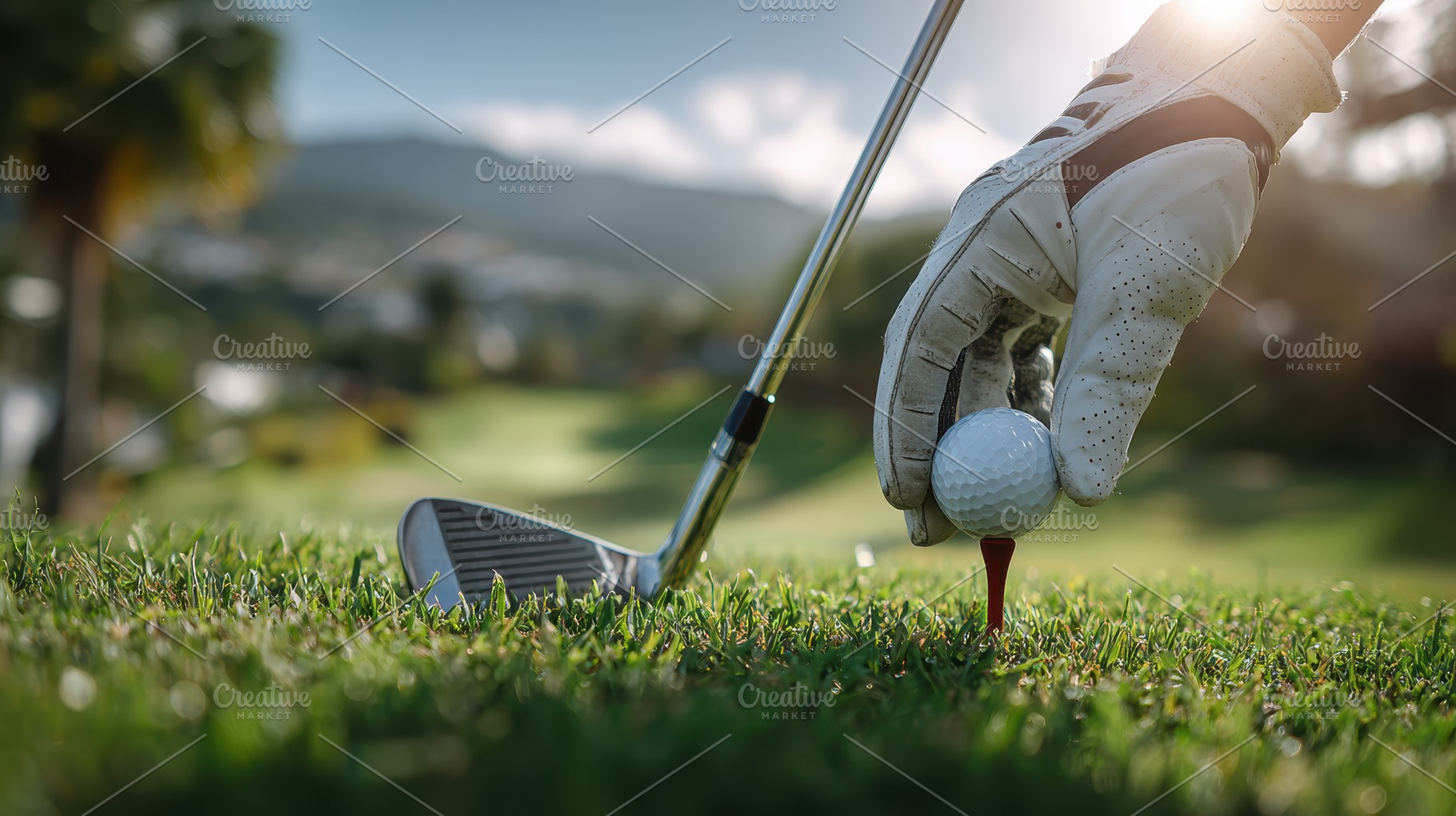 Golfer placing golf ball on tee at s, a Photo by Pixeness Studio