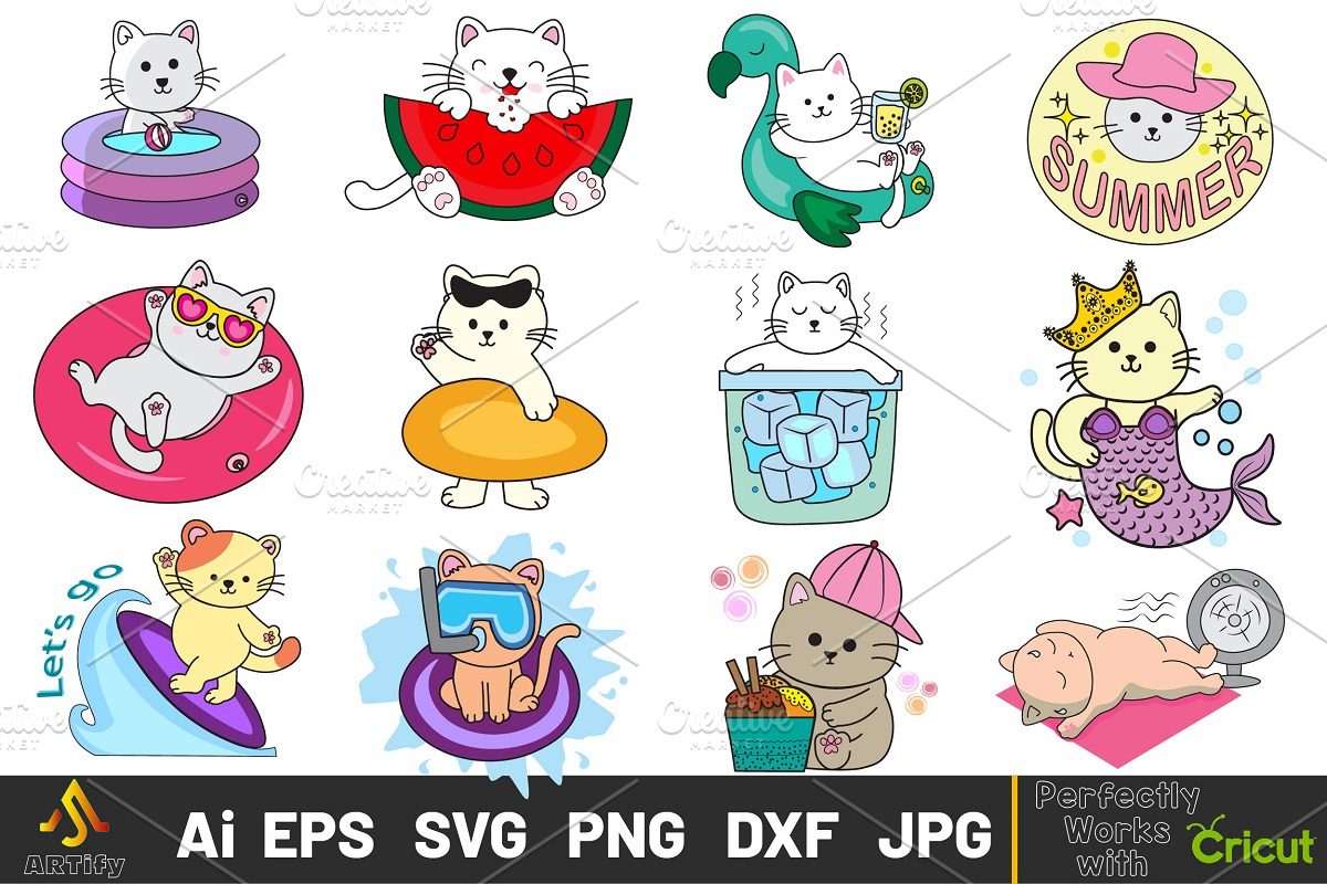 Kawaii Summer cats Beach party SVG, an Animal Illustration by ARTify Illustrations (Photo 1 of 11)