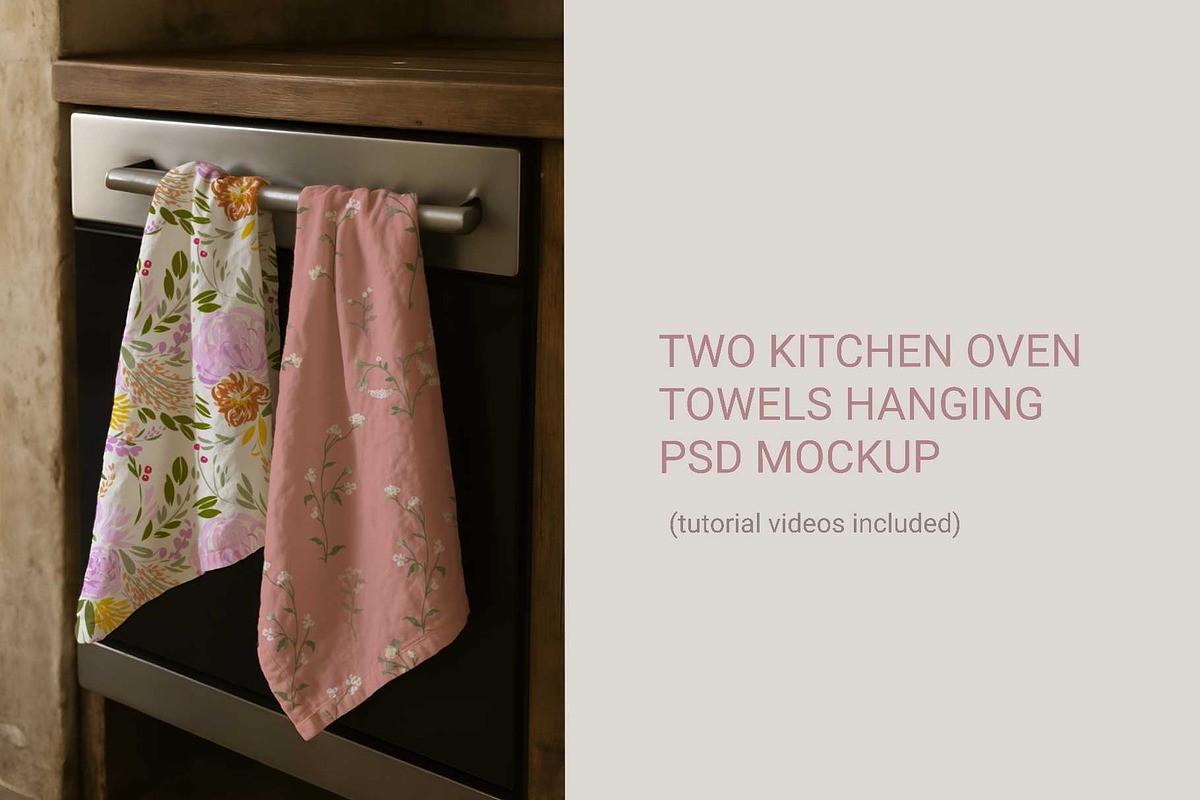 Two kitchen oven towels hanging PSD, a Merchandise Mockup by jenartstudio (Photo 3 of 3)