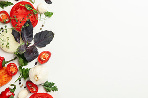 Different herbs and spices on white background, top view, a Food & Drink Photo by AtlasStudio PRO