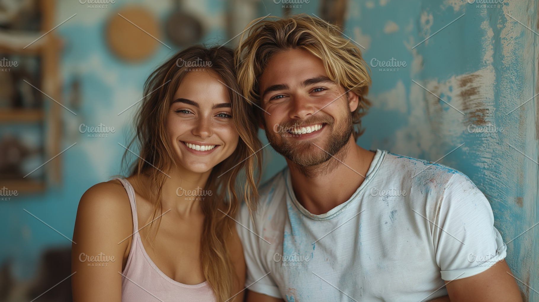 A cheerful young couple, a woman with long hair and a man with tousled blonde l, a Person Photo by ImageMir