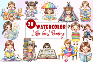 Cute Little Girl Reading Clipart, an Illustration by Watercolor design