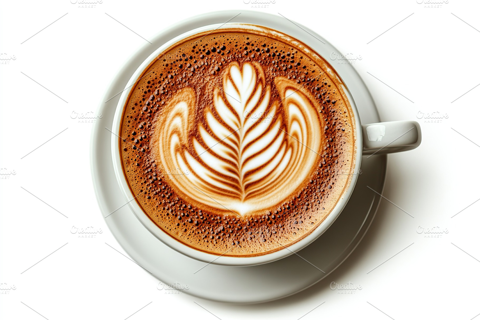 Cup of cappuccino with drawn leaf on white background, flat lay, a Food & Drink Photo by AlyaAnd