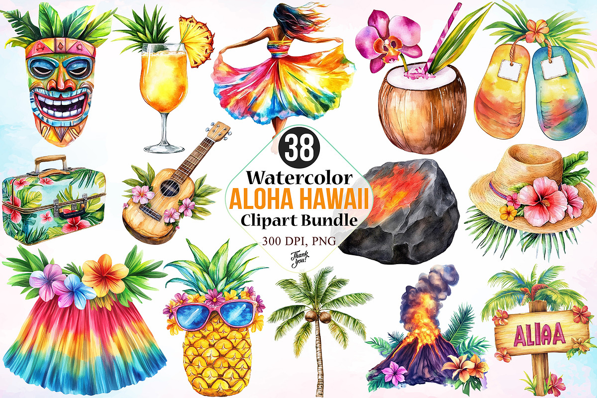 Watercolor Aloha Hawaii Clipart PNG, a Seasonal Illustration by Canvas Craft (Photo 1 of 3)