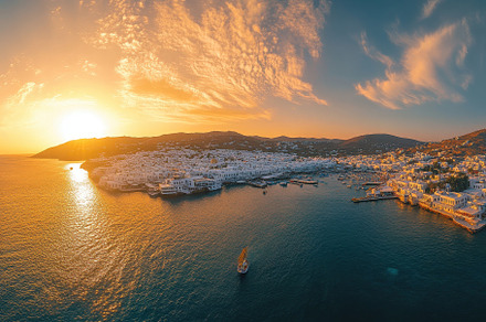 Stunning aerial panorama of Mykonos, a Photo by Iftikhar Alam