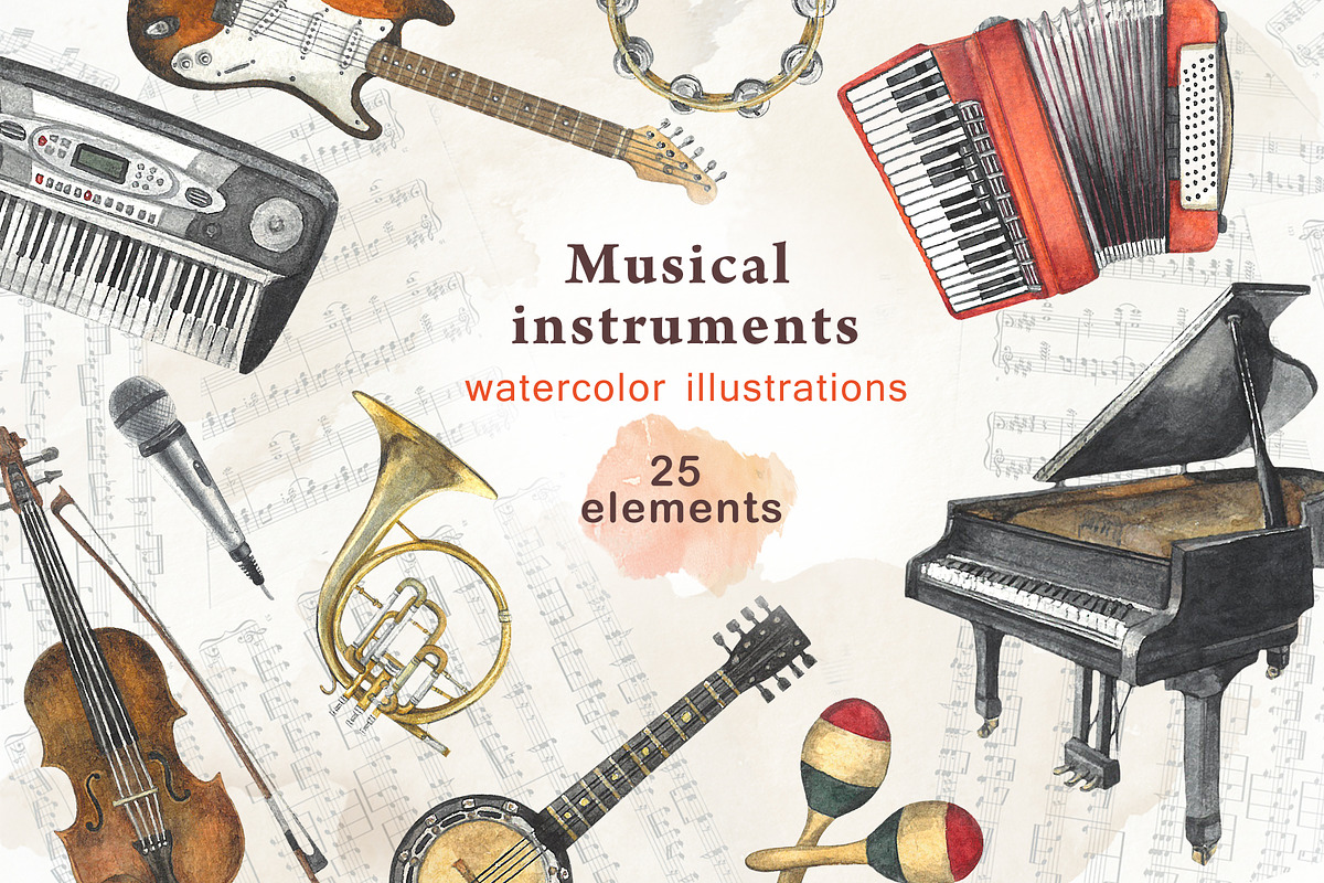 Musical instruments-watercolor, an Illustration by Nastilustra (Photo 1 of 2)