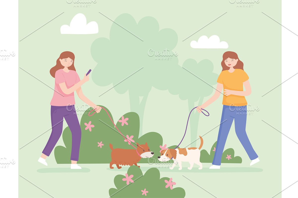 girls in the park with dogs, a Person Illustration by studiogstock