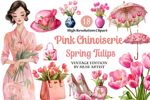 Pink Chinoiserie Spring Tulips Clipa, an Illustration by DreamArtGraphic