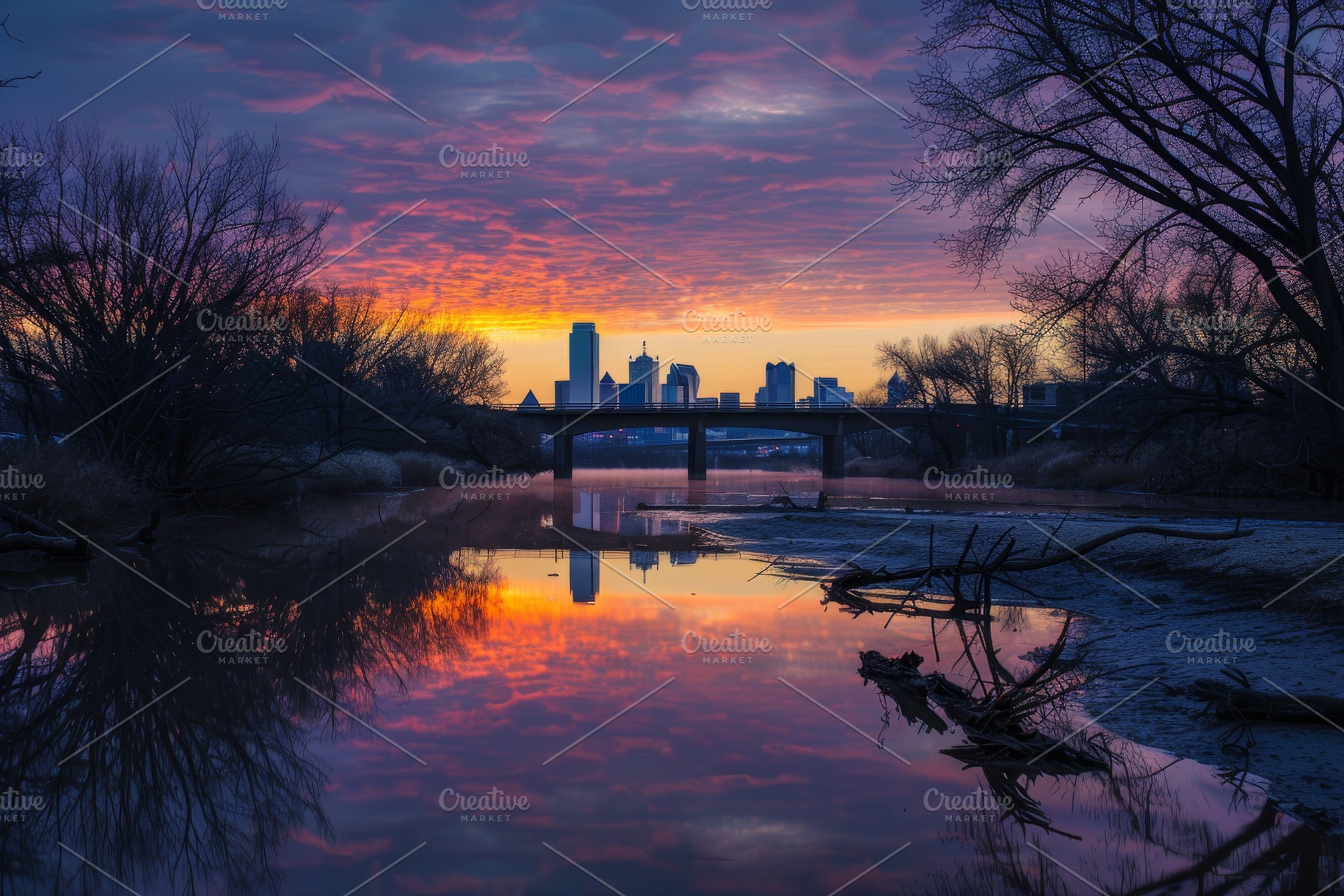 A Stunning Sunset Over a Serene Rive, a Photo by Tanuart