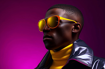 Black man with luxury sunglasses isolated on a purple background, a Person Photo by ImageMir