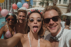 Fun poolside party with friends at a resort wearing party hats and sunglasses, a Photo by AS photostudio