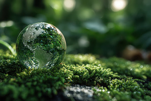 Glass Globe Earth on Lush Green Moss, a Photo by Pixeness Studio