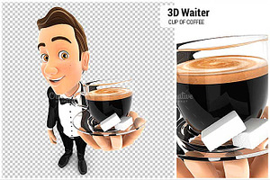 3D Waiter Holding A Cup Of Coffee