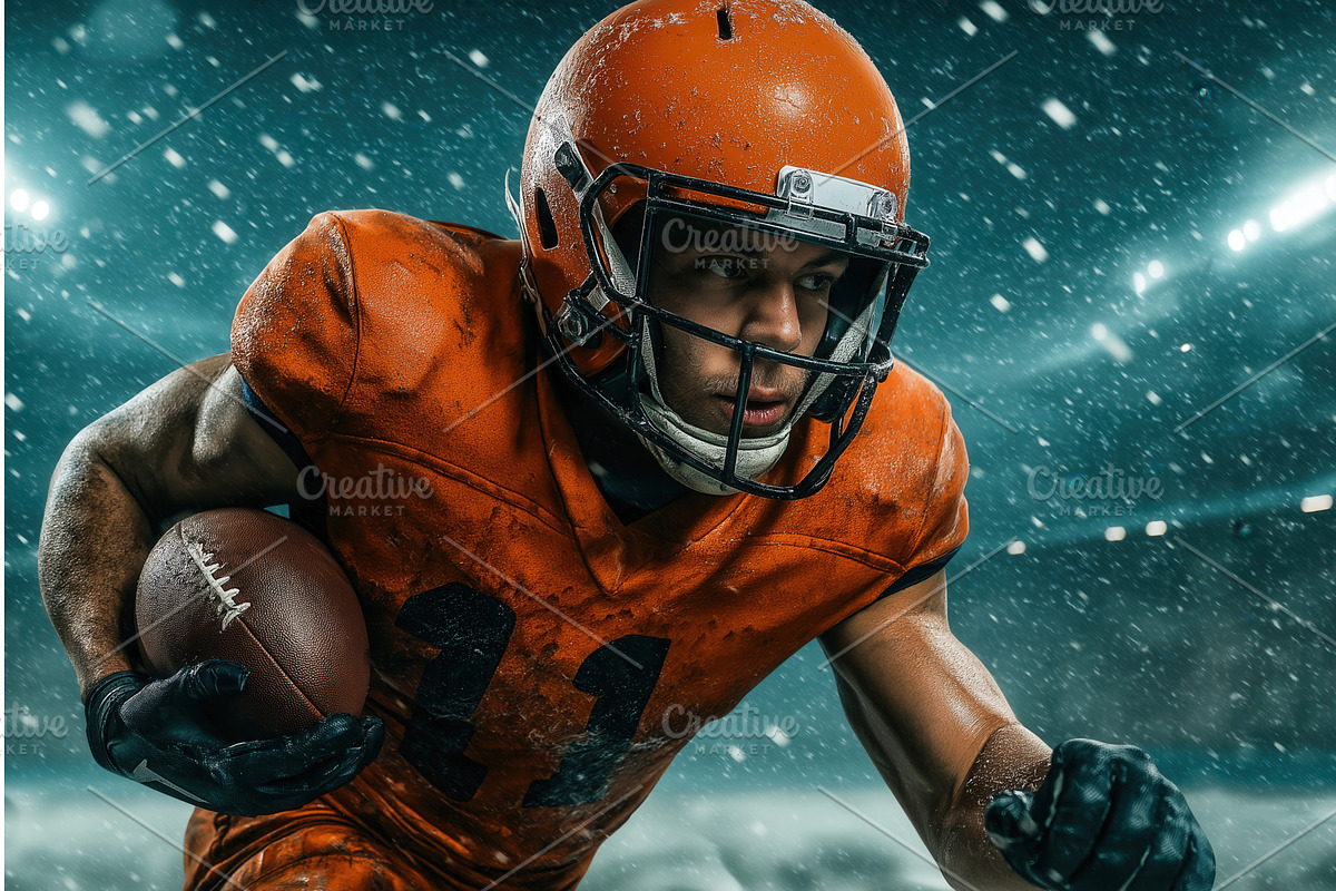 A focused American football player, an Illustration by Sergey Kotenev