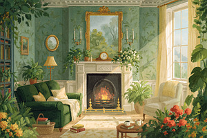 Living room filled with thriving green houseplants, a lit firepl, a Decorative Illustration by Studio ANNA