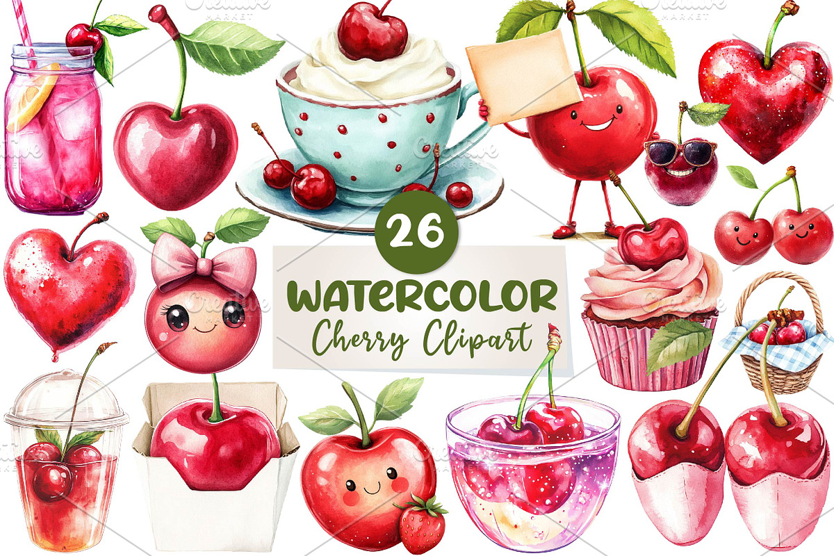 Clipart Cherry Cute Clipart PNG, an Illustration by CreationArt (Photo 1 of 5)
