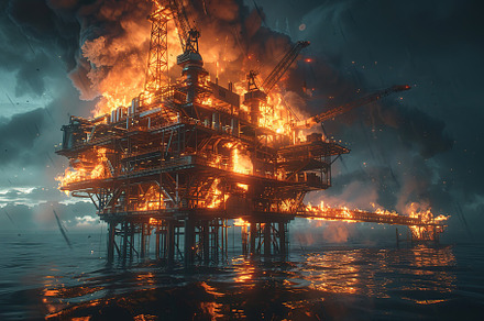 Disaster on offshore oil and gas platform, an Industrial Photo by AlyaAnd