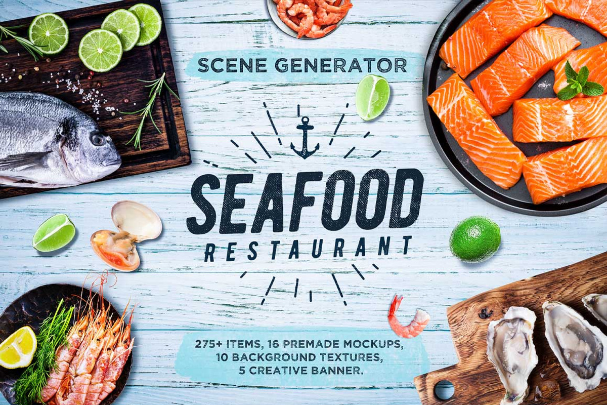 Seafood Scene and Mockup Creator, a Product Mockup by relineo.mock-ups (Photo 2 of 6)