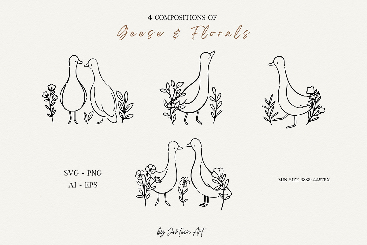 Line Art Cute Geese & Florals, an Animal Illustration by Jenteva Art (Photo 8 of 16)