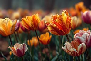 Vibrant orange and red tulips in a f, a Photo by Pixeness Studio
