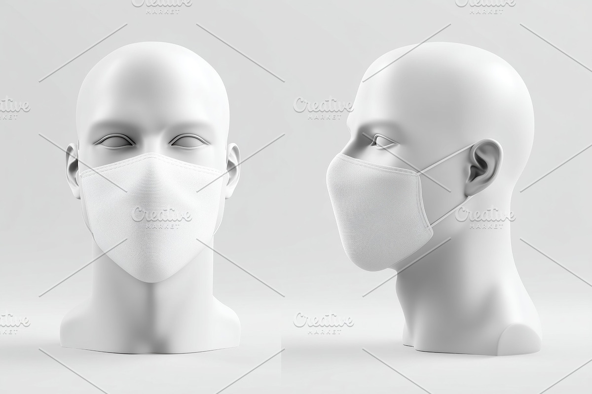 A 3d rendering of a white face mask mockup on a mannequin head from two angles, a Mask Mockup by Textures & Backgrounds