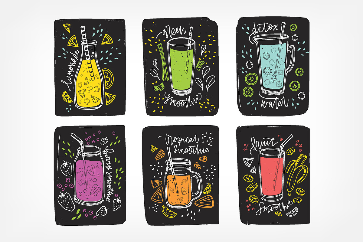 Smoothie drinks set + backgrounds, a Food Illustration by Good Studio (Photo 2 of 25)