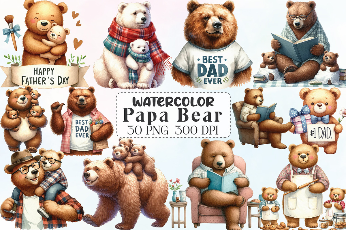 Watercolor Papa Bear Clipart, an Illustration by CraftArtStudio (Photo 1 of 6)