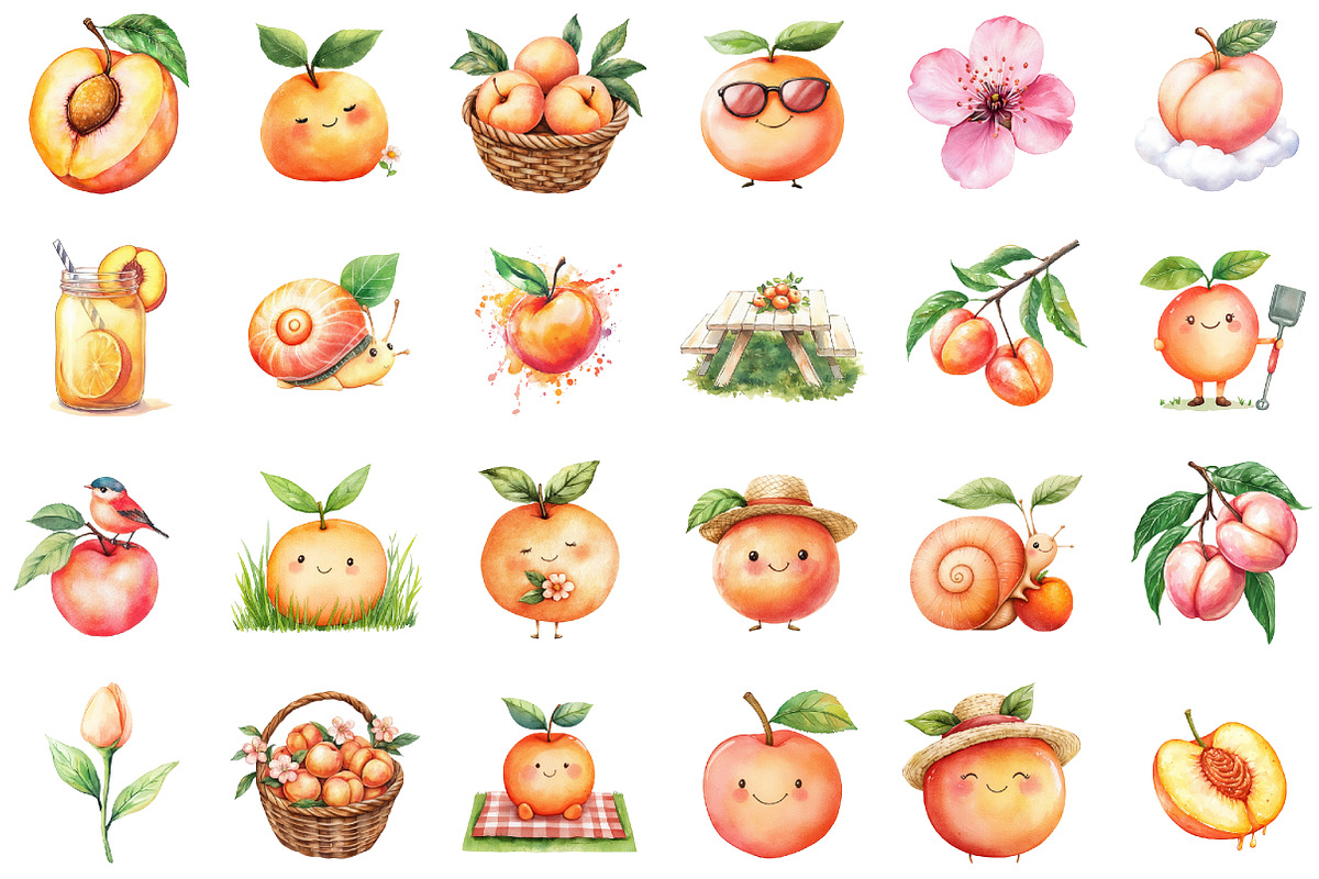 Watercolor Cute Peaches Garden Fruit, an Illustration by Sublimation Artist (Photo 2 of 6)