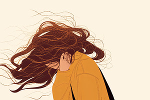Illustration of a woman walking with wind-swept hair and contemplative posture, an Illustration by AS photostudio