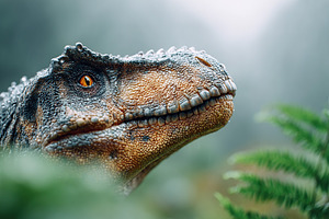 Tyrannosaurus rex emerges from dense ferns in a misty prehistoric landscape, an Animal Photo by AlyaAnd