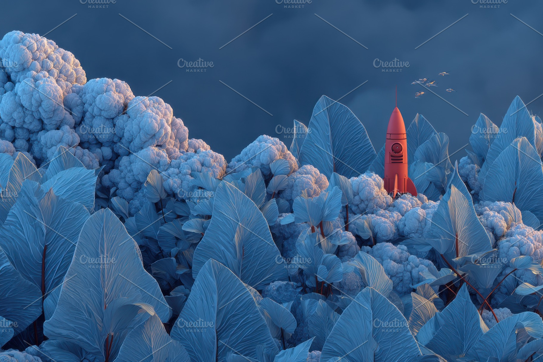 Red rocket launching from a blue ali, a Photo by Pixeness Studio