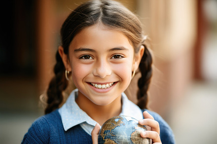 Cheerful headshot photo of a young girl with freckles and two br, a School & Education Photo by designvectx