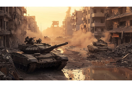 Devastated City Street With Tanks, an Architecture Photo by Goinyk