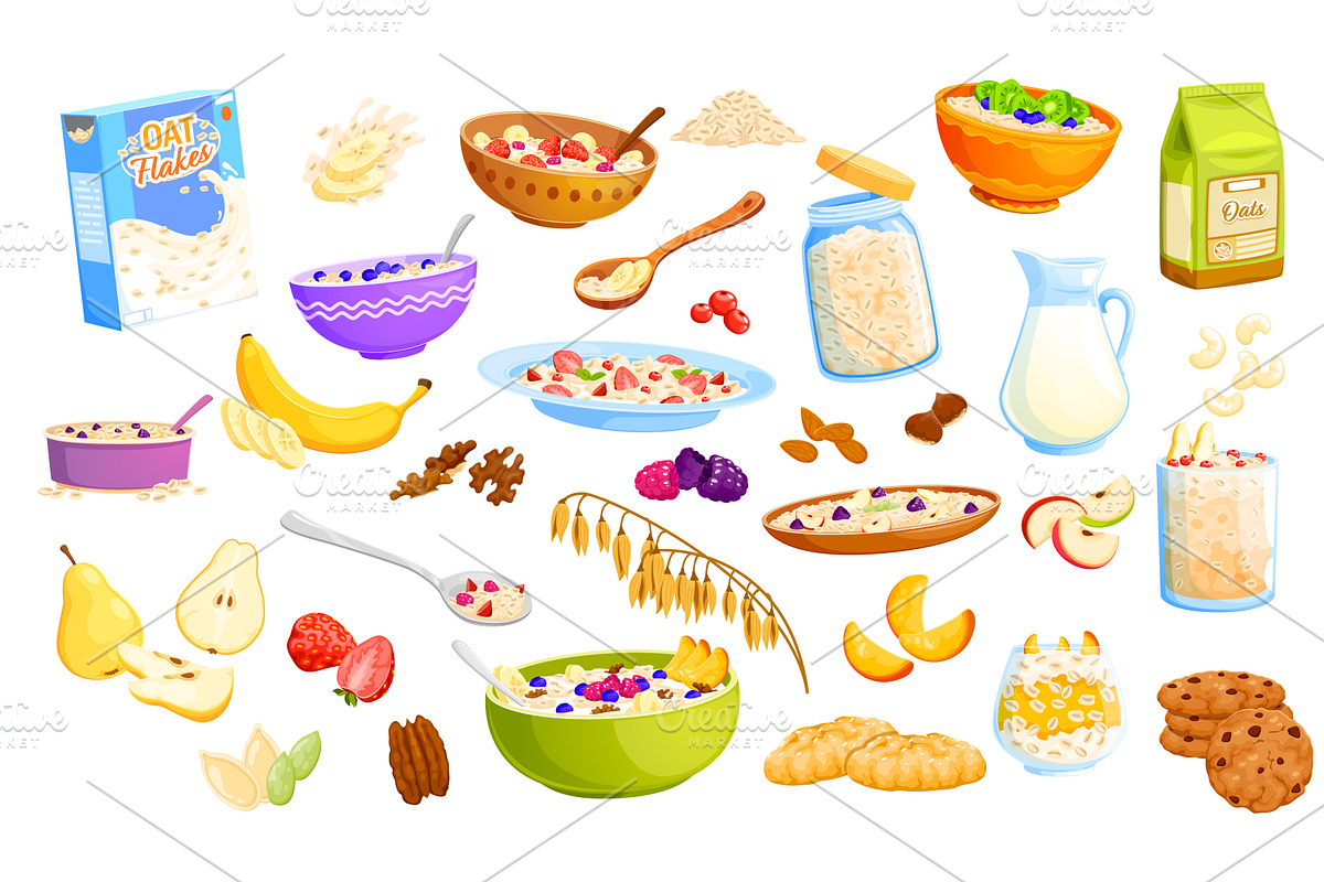 Cartoon oatmeal food, oatmeal dishes, a Food Illustration by Vector Tradition