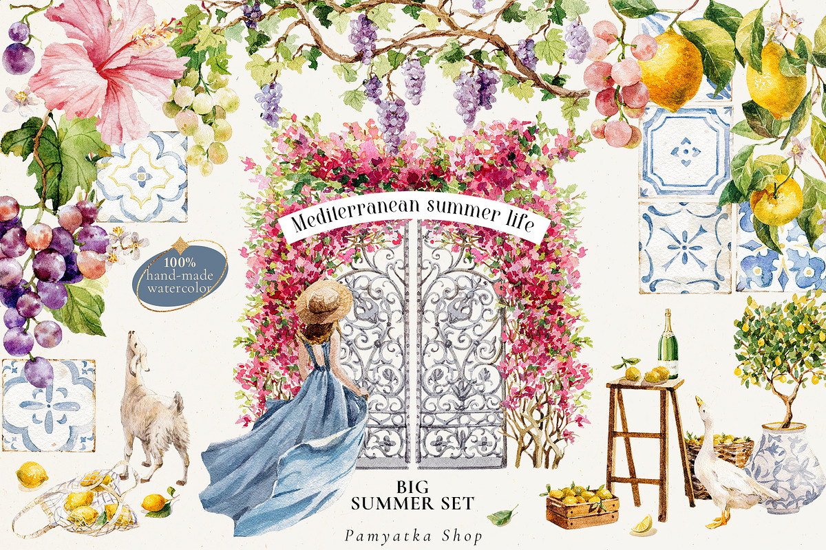 Watercolor Mediterranean summer life, a Decorative Illustration by Pamyatka Shop (Photo 1 of 25)