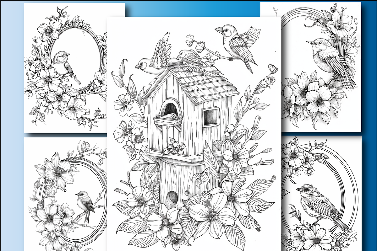 Birds and Flowers Coloring Pages, an Education Illustration by Printable Design Store (Photo 6 of 7)