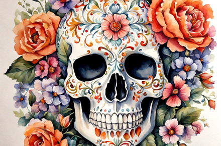 Vibrant Sugar Skull Surrounded by Colorful Floral Patterns, a Holiday Photo by Photostock