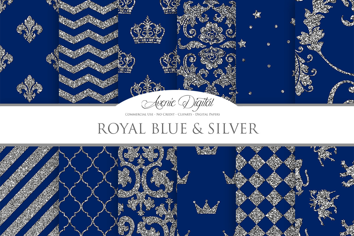 Royal Blue and Silver Digital Paper, a Pattern Graphic by Avenie Digital