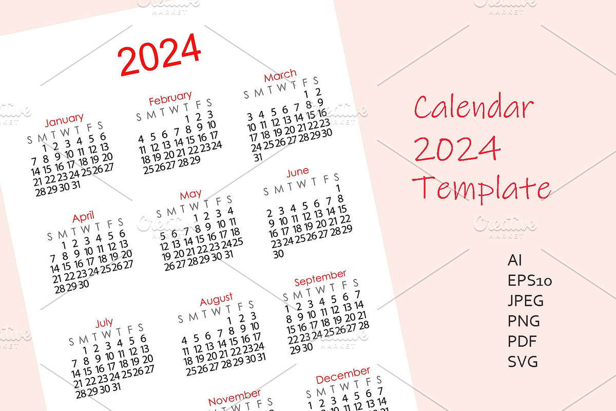 Calendar 2024 template, a Stationery Template by Contes_de_fée (Photo 1 of 7)