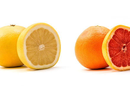 Yellow and red grapefruits isolated, a Photo by wr7 Media