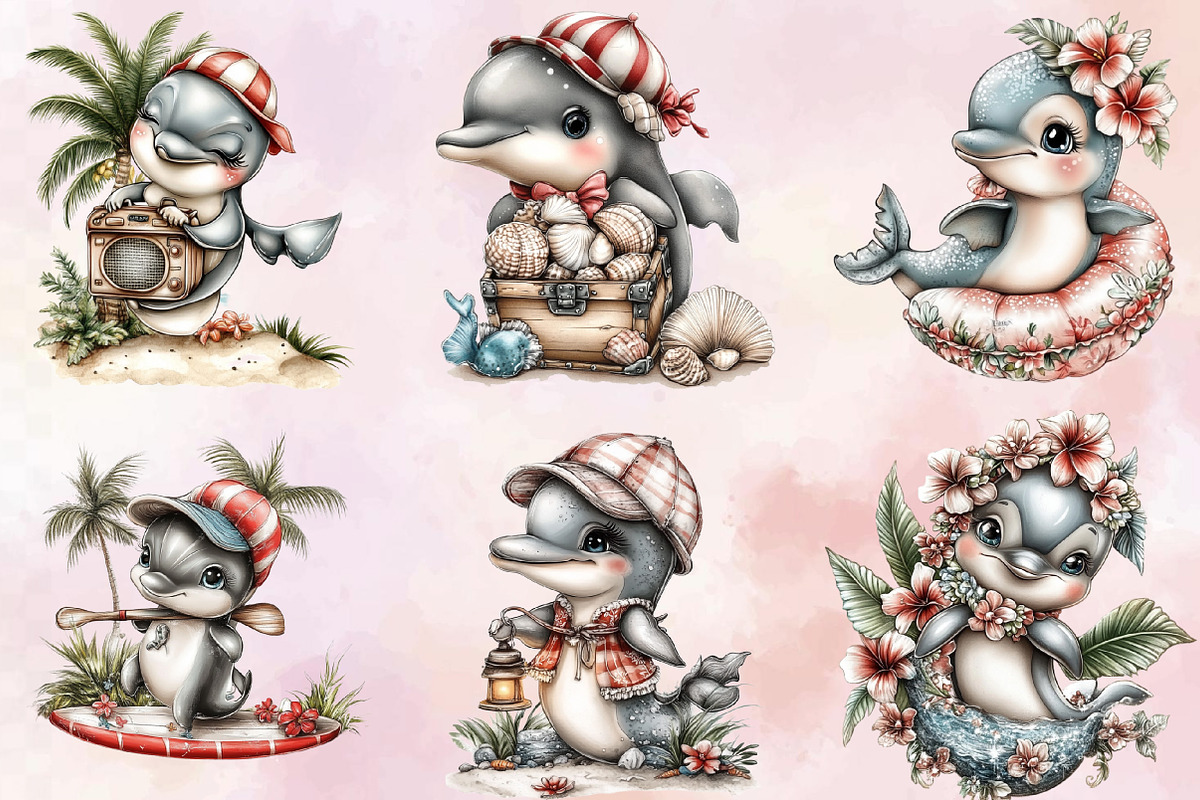 Whimsical Summer Dolphins Clipart, an Illustration by SVGArt (Photo 4 of 9)