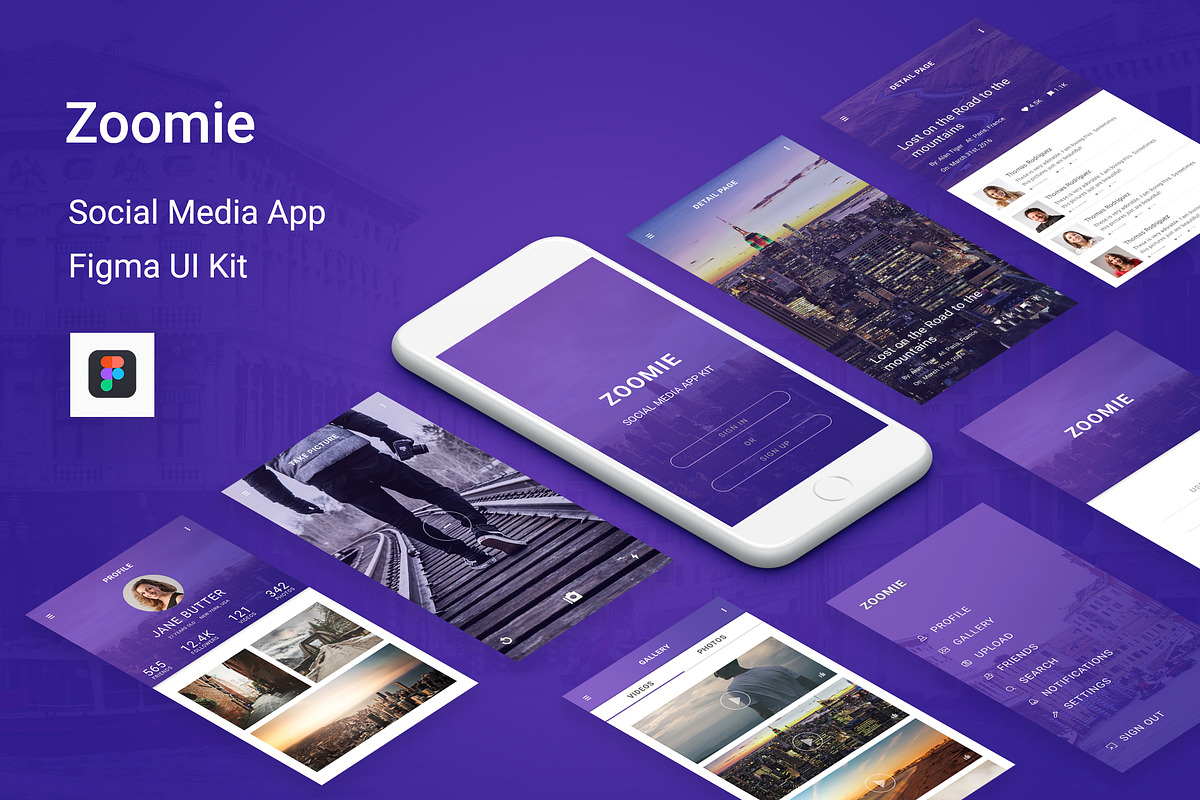 Zoomie - Social Media Figma App, an UI Kit Template by themelove (Photo 1 of 9)