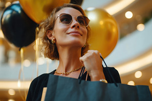 Beautiful woman holding shopping bag after shopping, a Holiday Photo by AlyaAnd